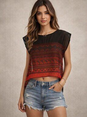 Global Desi Sheer Boho Crop Blouse | Black & Red Tribal Print | XS